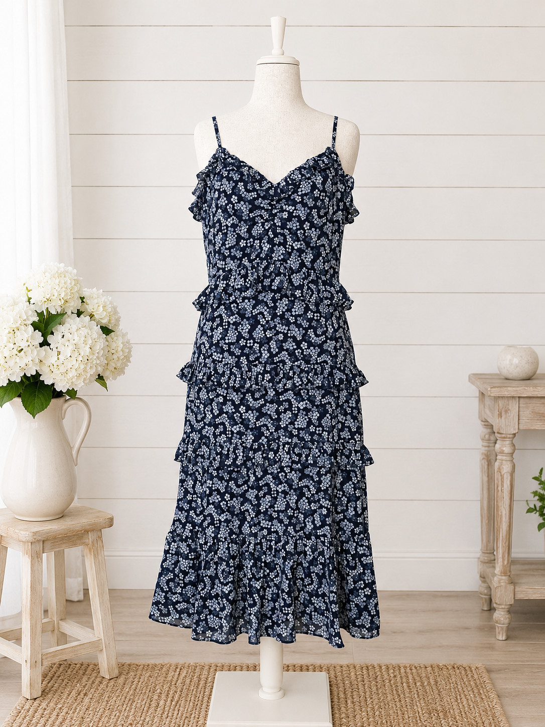 Michael Kors Floral Tiered Midi Dress Size L NWT Navy Blue Ruffle Chiffon Lined