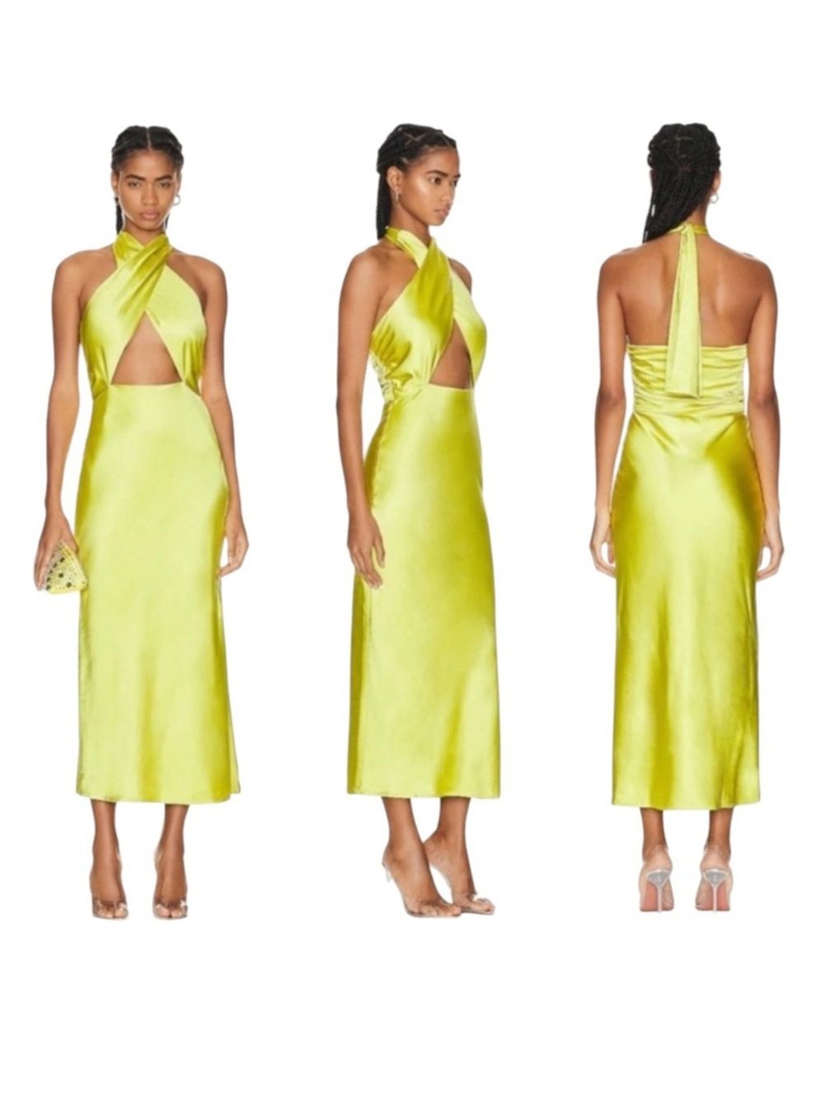 SIMON MILLER Satin Halter Chartreuse Prom Wedding Guest Long Slip Dress 10