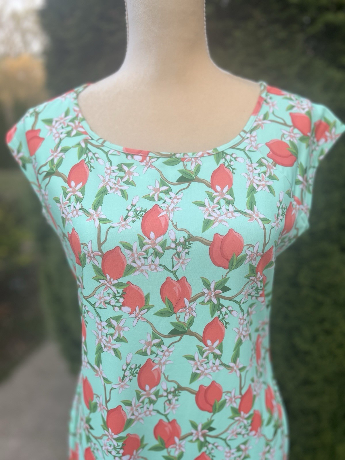 Jean-Pierre Klifa Paris Green w/Fruit & Flower Print Stretch Dress Size M Women