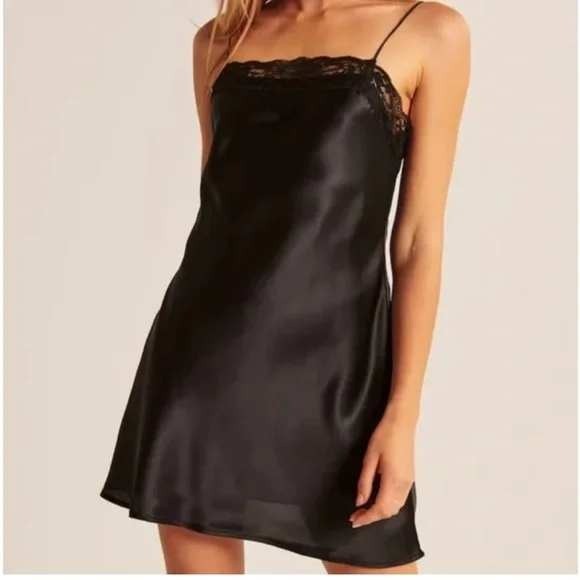 Abercrombie & Fitch Slip Dress Black Mini Satin Lace Trim Cami Women Small
