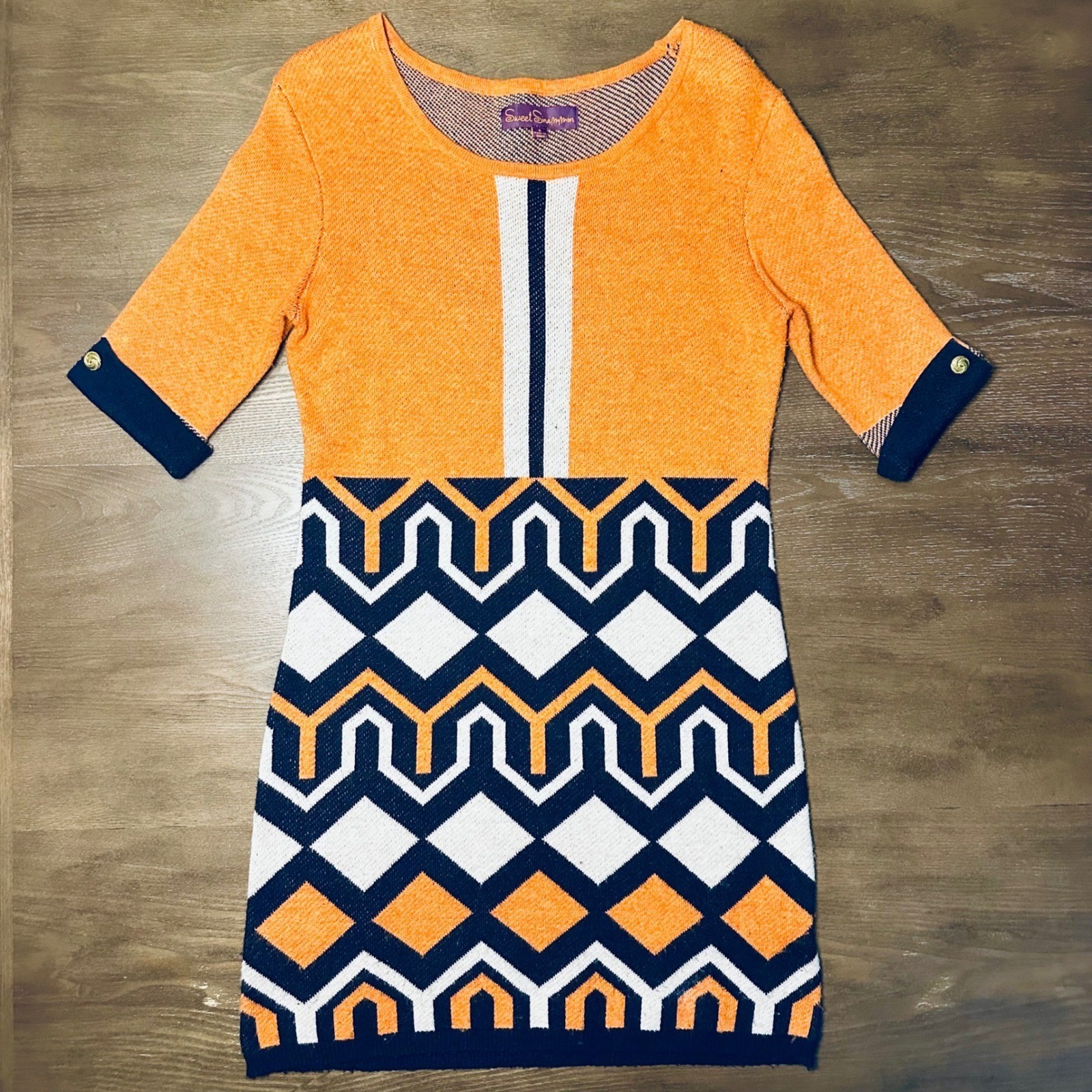 Sweet Sinammon Orange Geometric Knit Dress 3/4 Sleeve Button Cuff Vintage Retro