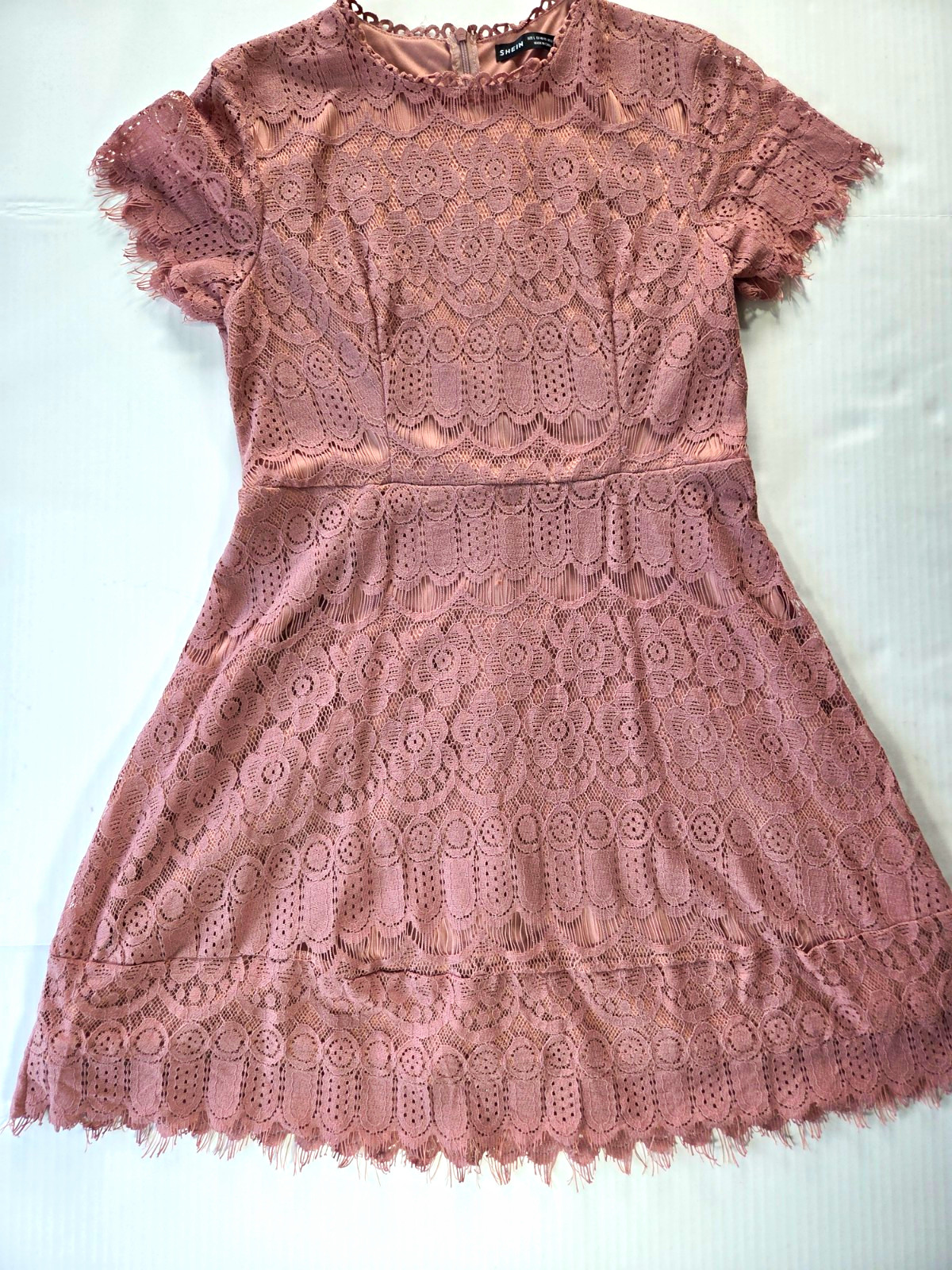 SHEIN Women’s Pink Lace A-Line Short Dress L Round Neck Short Sleeve Zip