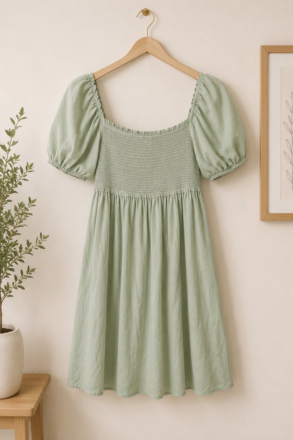 Sun-deh Sage Green Smocked Puff Sleeve Mini Dress Size Medium Cottagecore