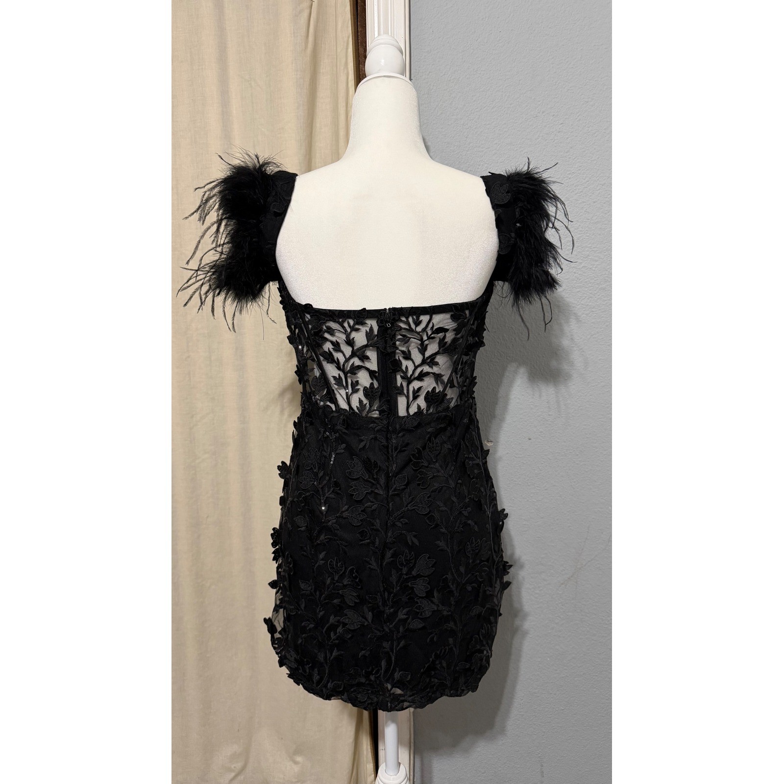 Goth Corset Mini Dress XL Black Sequin Embroidered Feather Off-the-Shoulder Glam