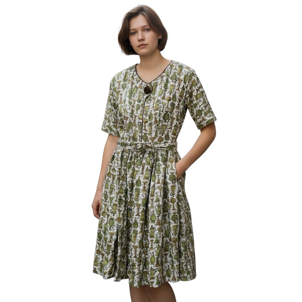 Vintage Handmade 60s Midi Dress with Belt Sz 8 Vase Pattern Short Sleeve Zipper