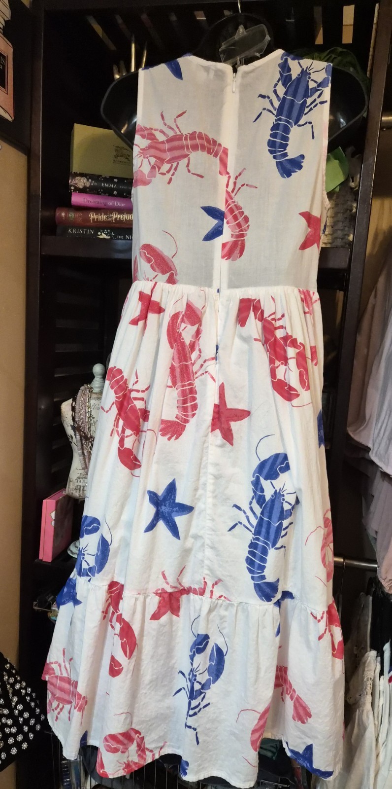 J. Crew Womens PM Midi Dress Nautical Lobster Print White Red Blue Coastal NWOT