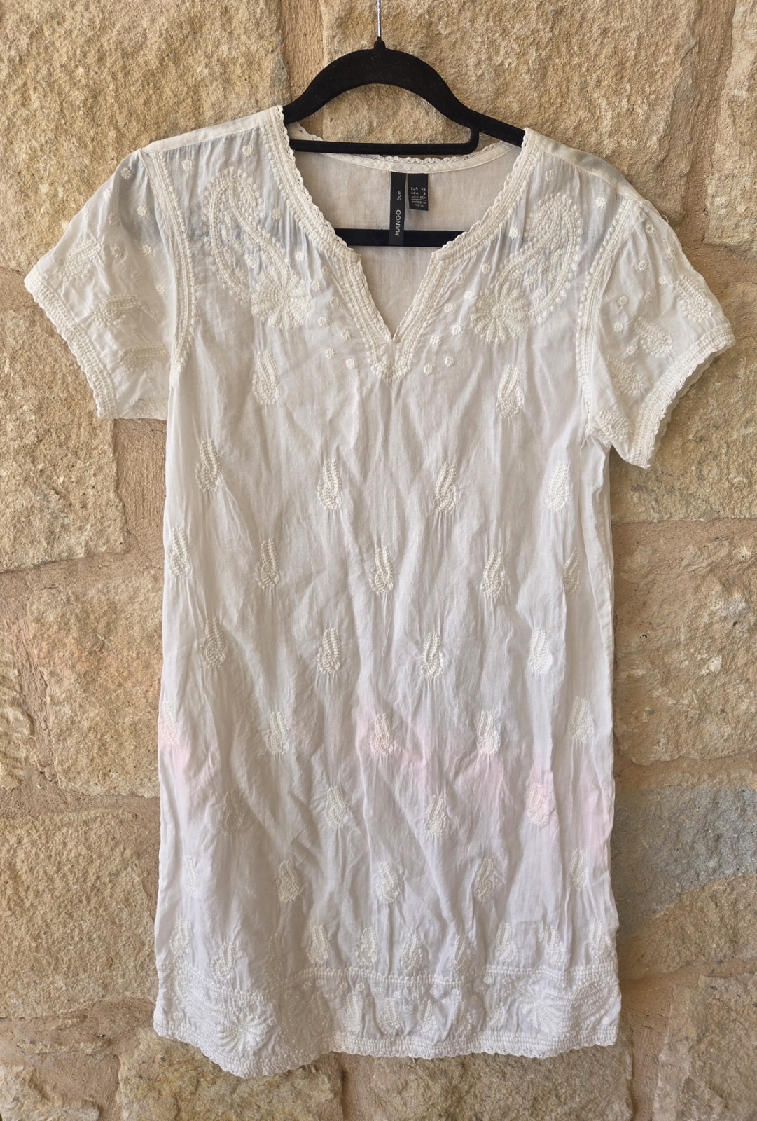 Mango White Cotton Embroidered V-Neck Tunic Dress