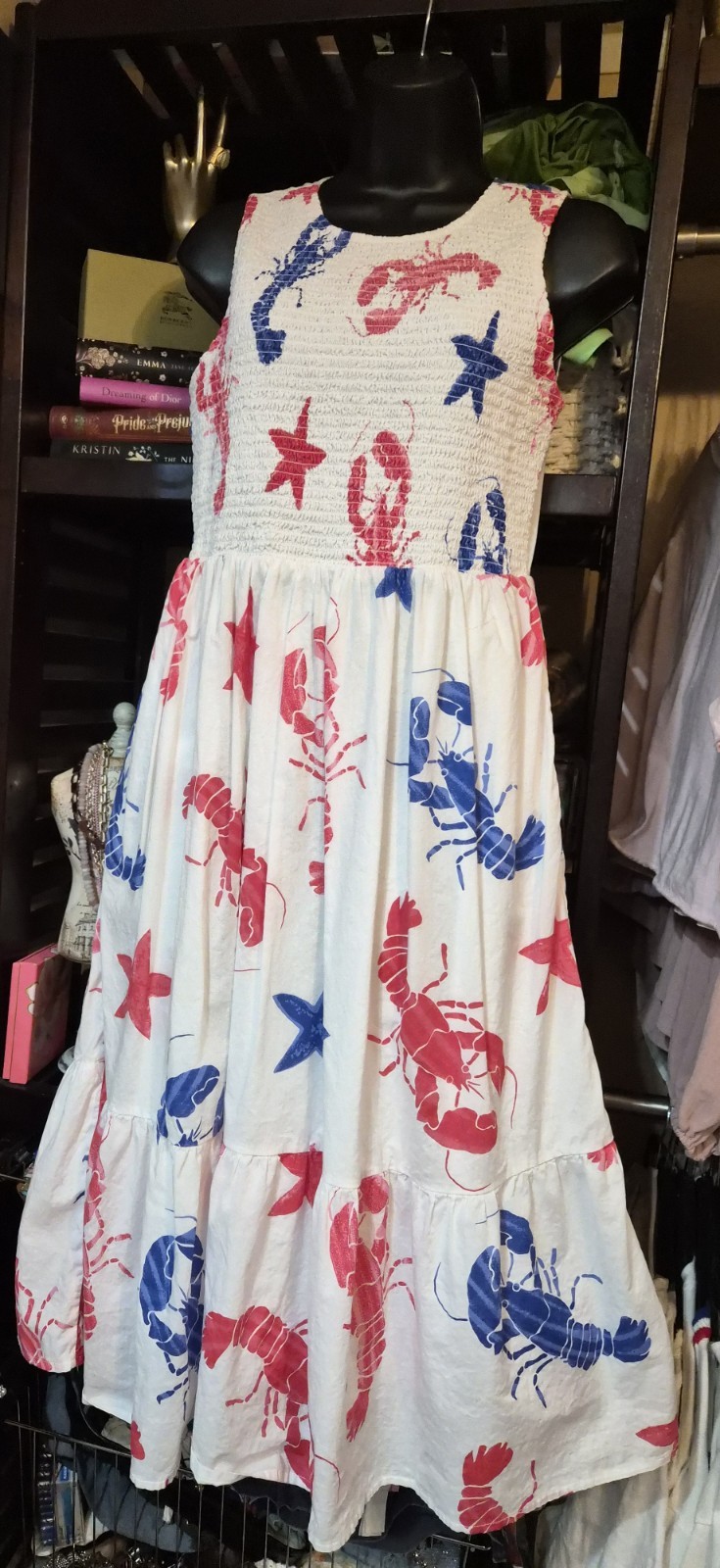 J. Crew Womens PM Midi Dress Nautical Lobster Print White Red Blue Coastal NWOT