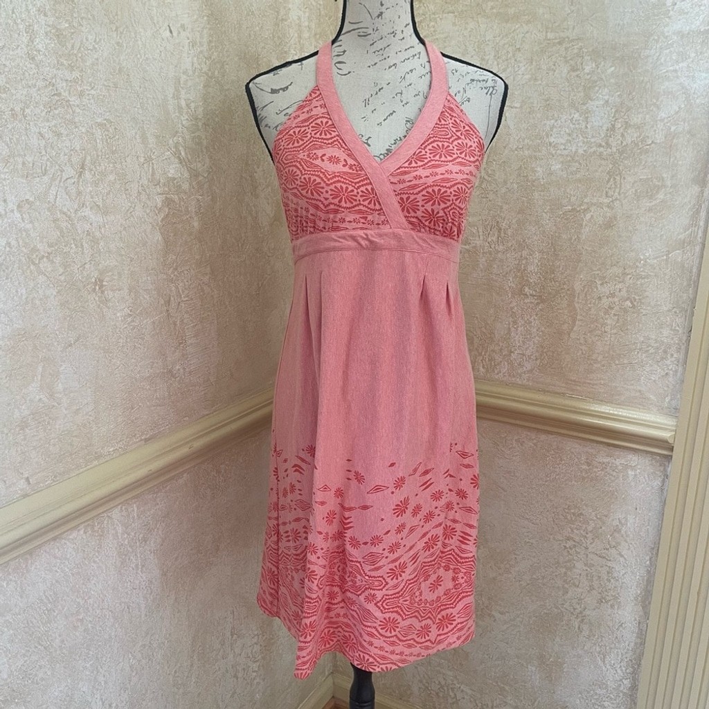 Athleta Bohemian Halter Peach Orange Pinkish Cotton blend Jersey Dress Sz Medium
