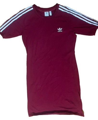XL Adidas Dress Burgundy Crew Neck Midi T-Shirt Dress 3-Stripes White Logo