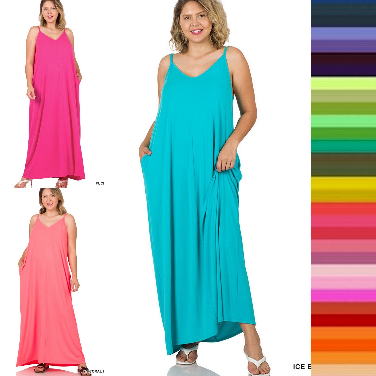1X 2X Women’s V Neck Cami Maxi Long Dress with Side Pockets Adjustable Straps