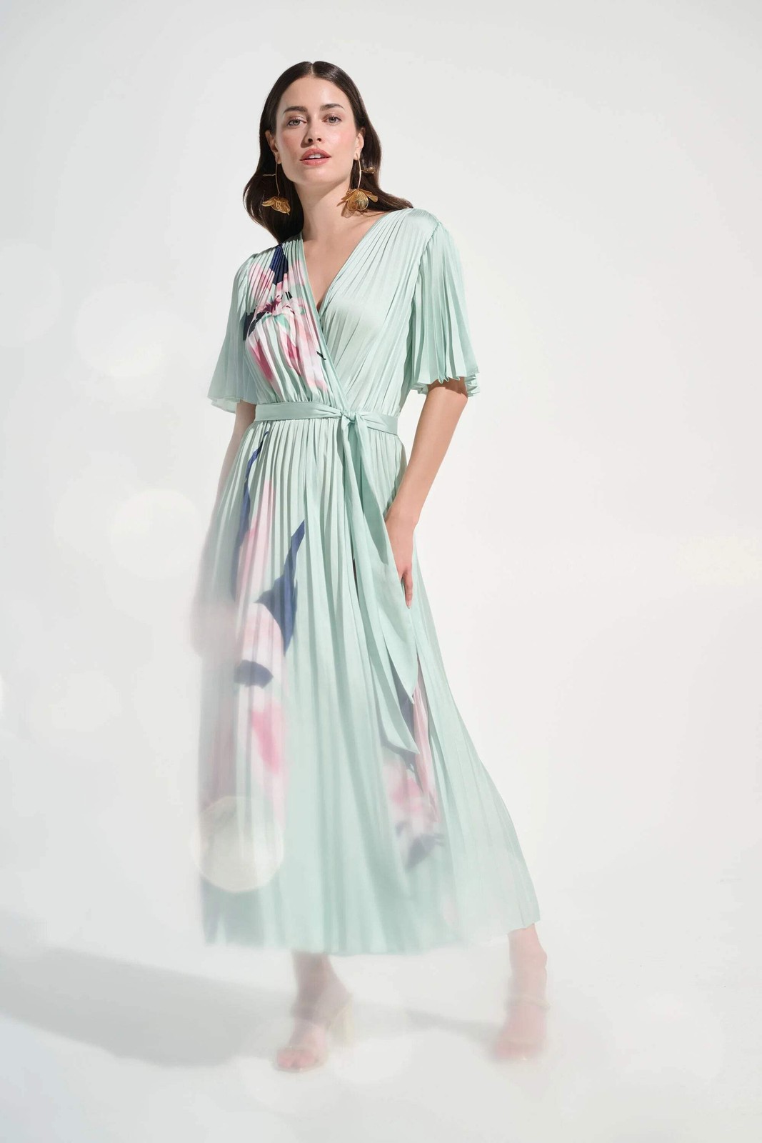 Joseph Ribkoff Green/Multi Floral Pleated Satin Maxi Dress 262712