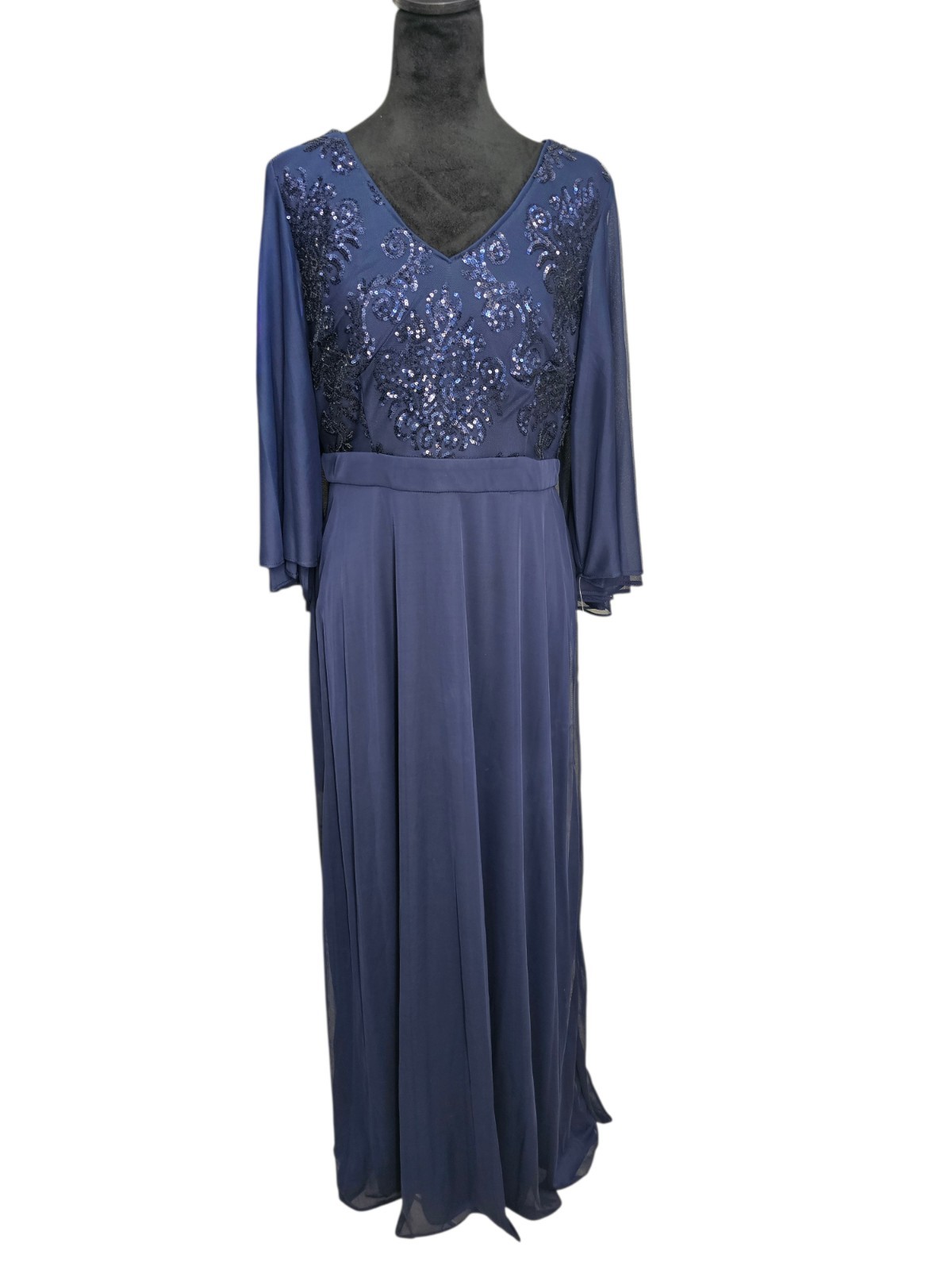NWT R&M Richards Fleur de Lis Sequin Bodice Dress With Cape Sleeves Navy 10