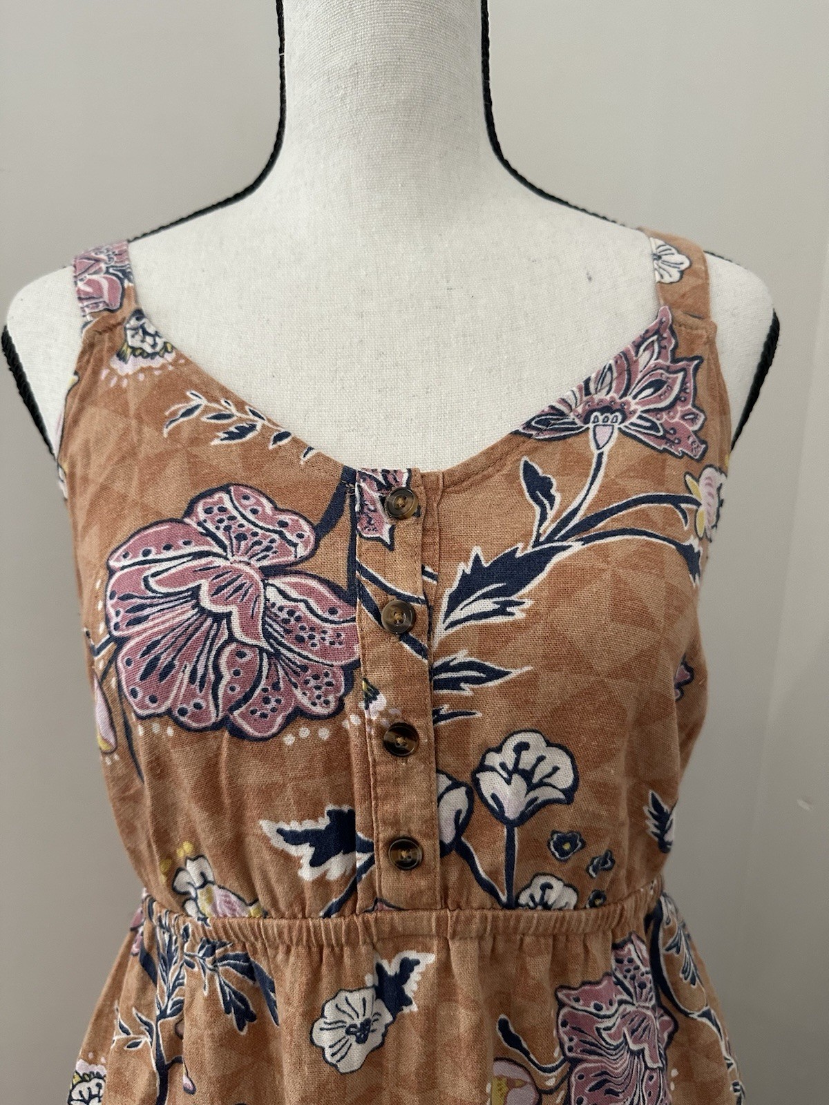SONOMA Goods for Life Brown Floral V Neck, Smocked Back, Midi Dress- Size S