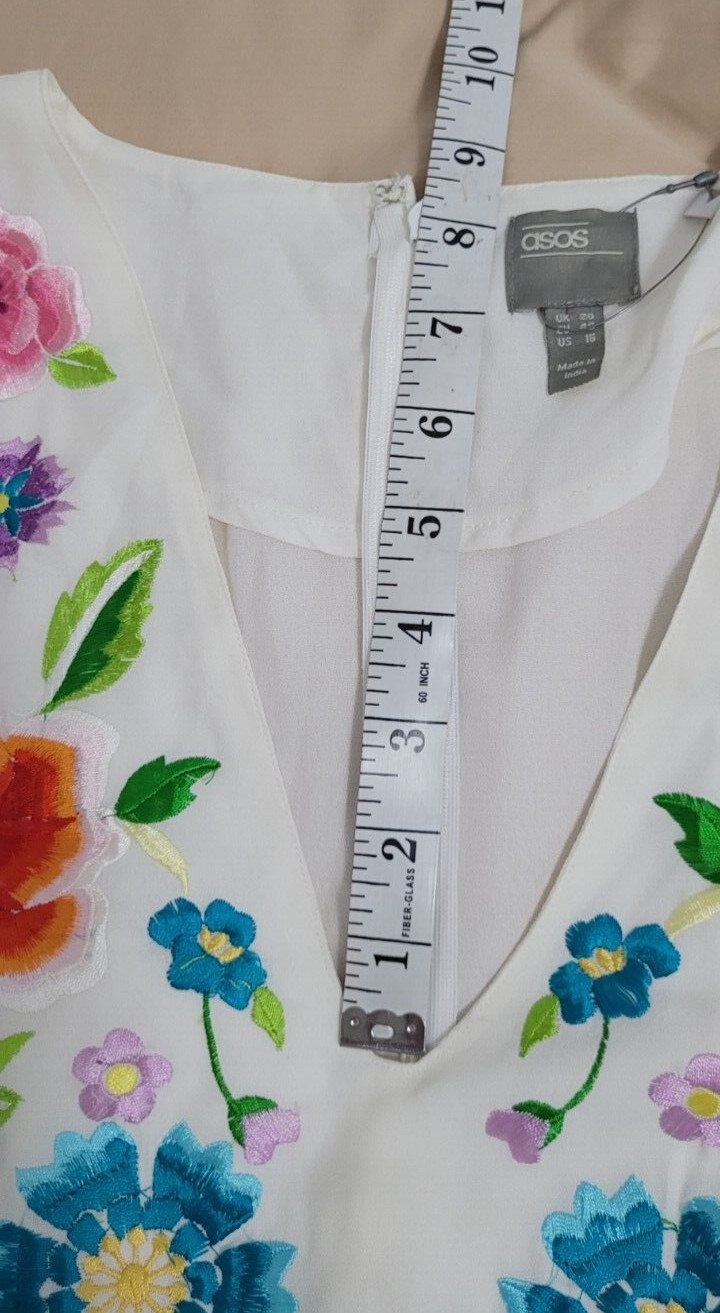 ASOS White Floral Embroidery Long A-Line V-Neck Flutter Sleeve Dress US 16/UK 20