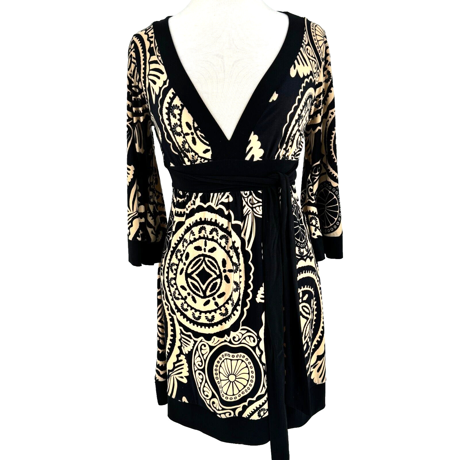Jeanette John 3:16 Mini Dress V Neck Medium Brown Black Stretch Geometric Event