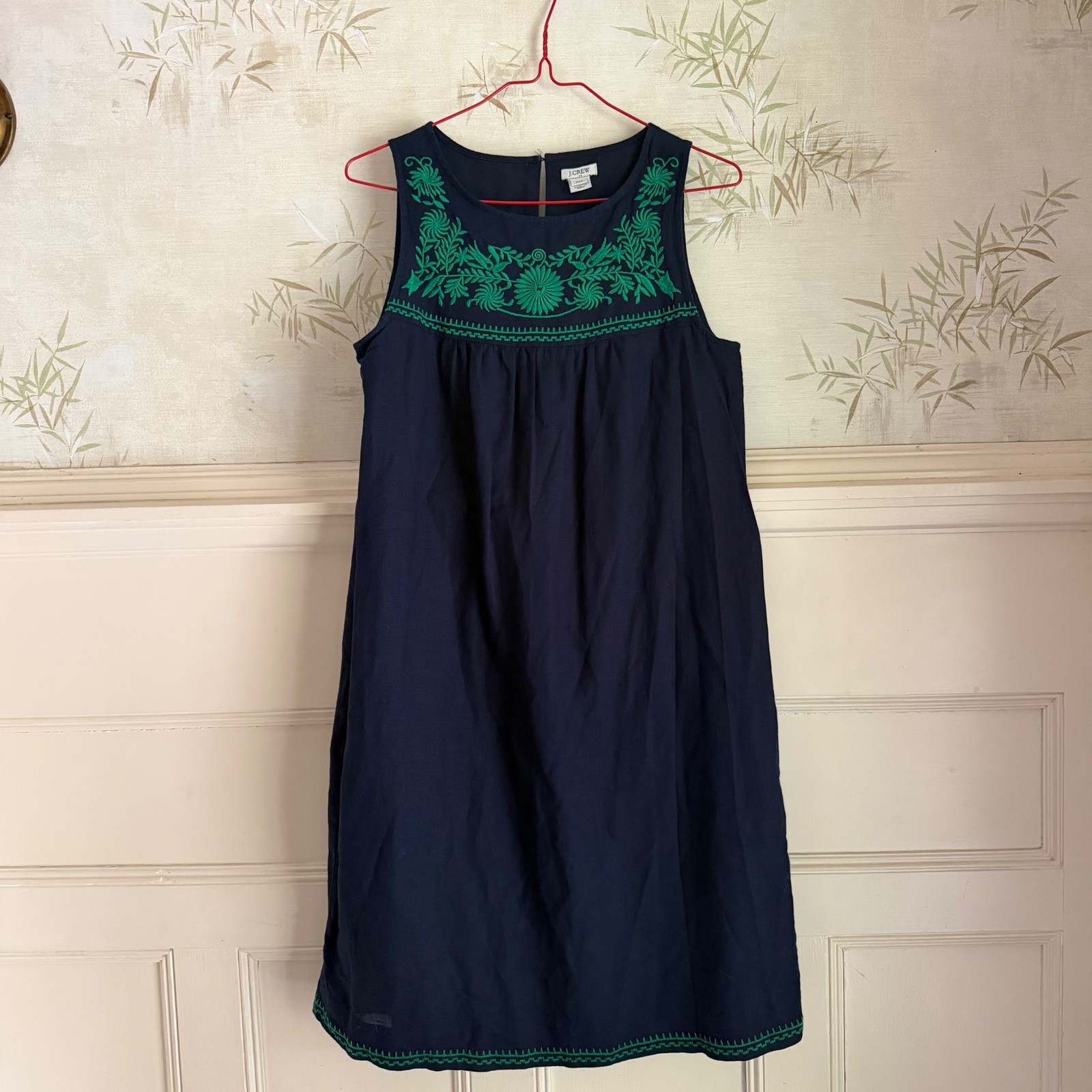 J.Crew Navy Blue Linen Cotton Embroidered Floral Shift Dress Boho Preppy XXS