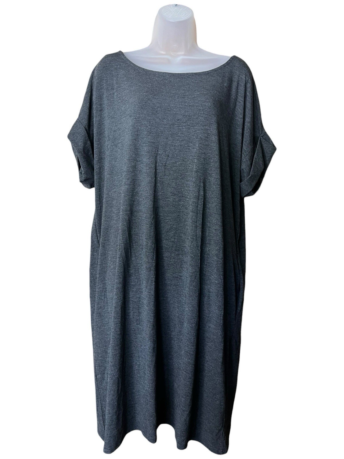 Zenana Charcoal Gray T Shirt Dress Cuffed Short Sleeves Size 1X w/Pockets