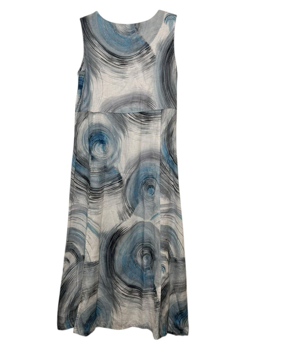 Dolcezza Art Simply 100% Linen Maxi Dress Blue Abstract Swirl Size Small