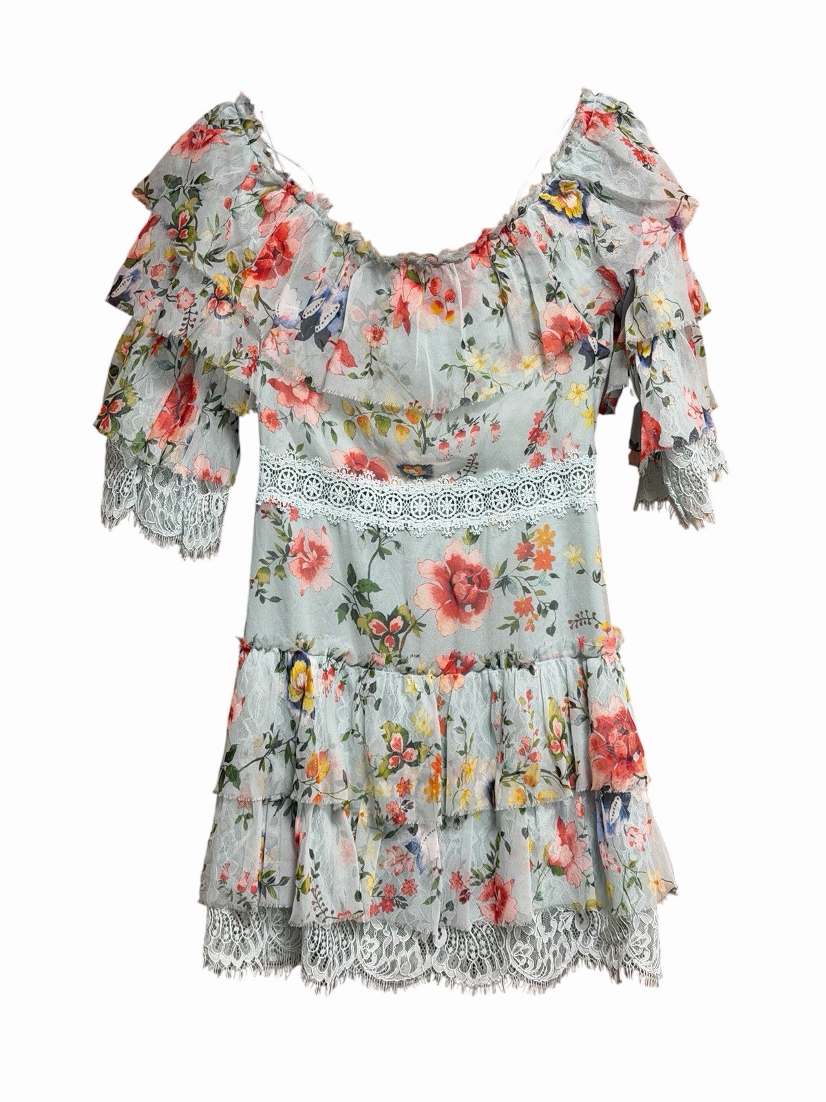 Alice + Olivia Santos Silk Floral Off Shoulder Lace Ruffle Mini Dress 4 NWT