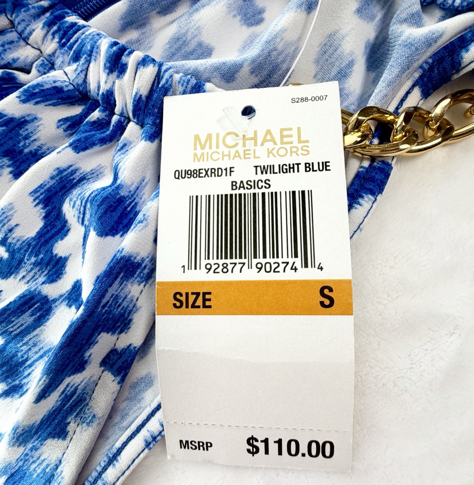 NWT MICHAEL Michael Kors Gold Chain Neck Halter Dress Twilight Blue Abstract S
