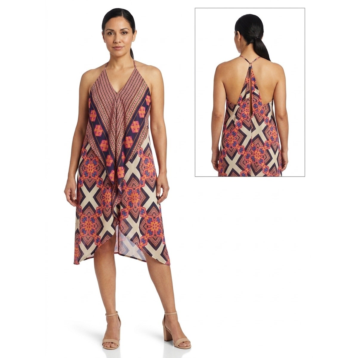 CY Made in USA Mini Asymmetrical Hem Chiffon Halter Dress Women Size S