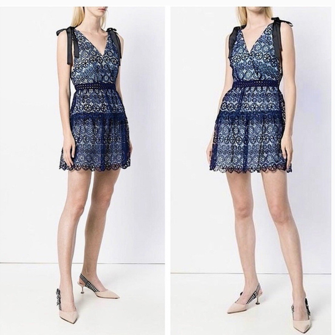 Self Portrait Floral Mini Dress Tiered Guipure Shoulder Bow Navy Coquette Size 4