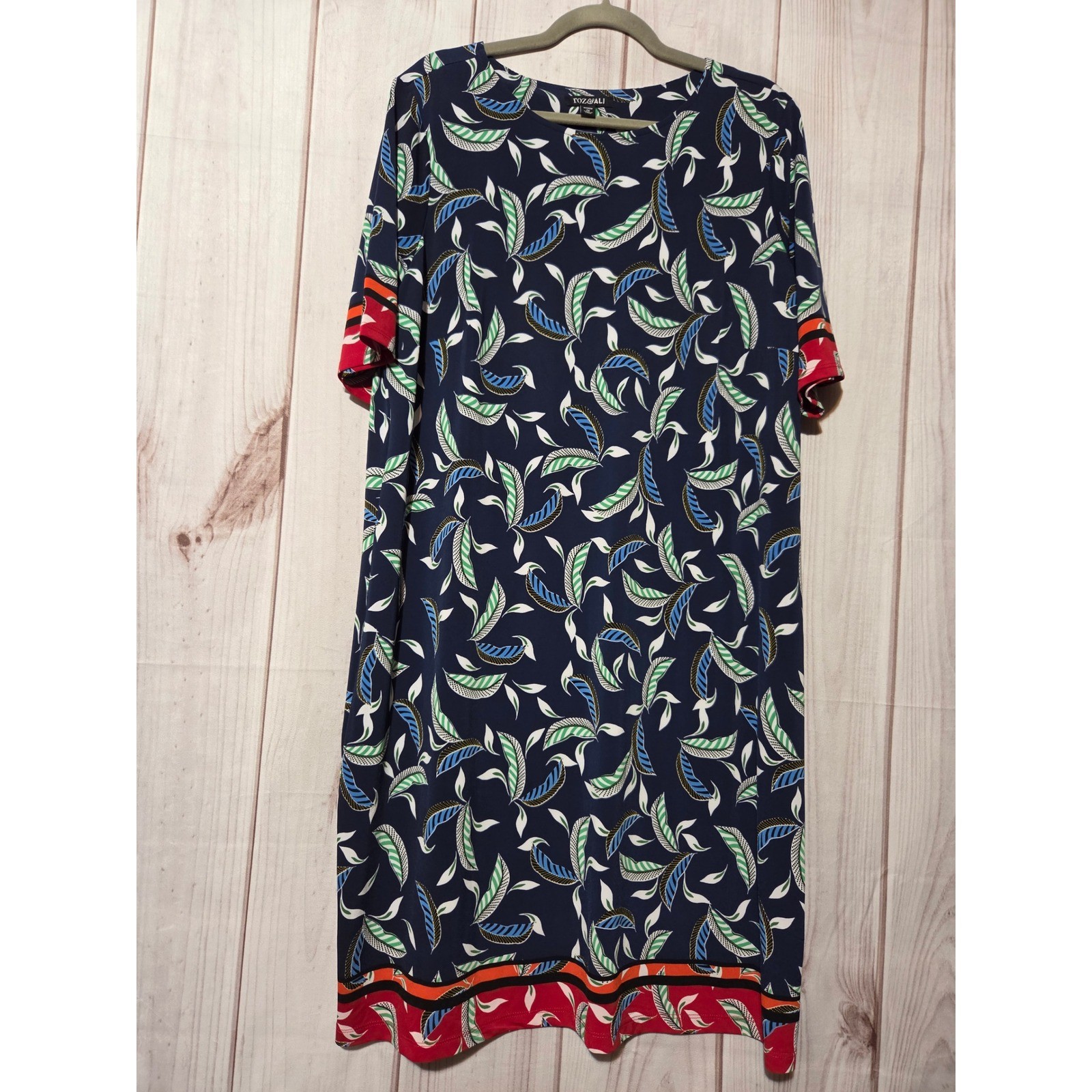 Roz & Ali Dressbarn Navy Blue Leaf Print Shift Dress Plus Size 1X NWT