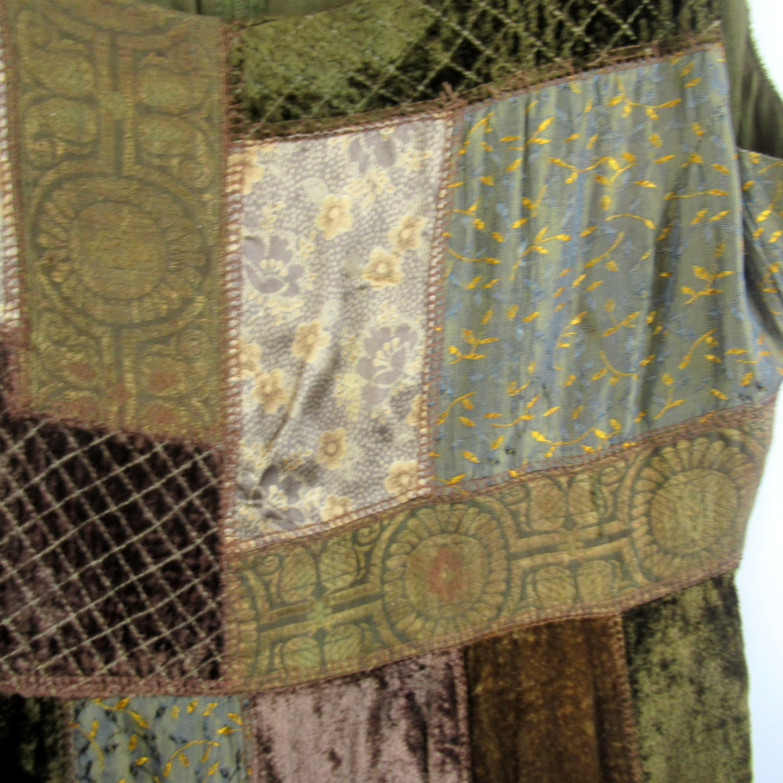 Vintage RENE DERHY VELVET PATCHWORK DRESS Brown Olive Scalloped Hem Size S Boho