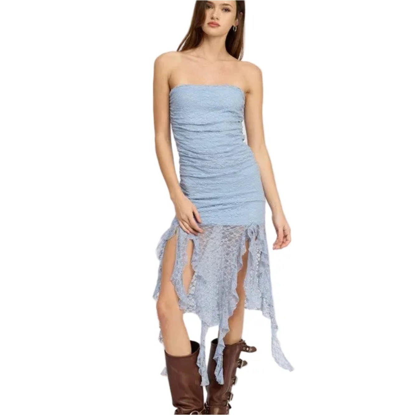 Pookie & Sebastian blue lace strapless, ruched bodycon asymmetrical hem dress