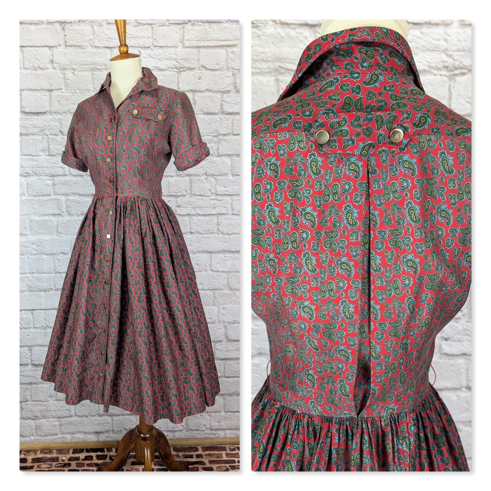 Vintage 50’s 60’s Fit Flare Shirtwaist Dress Pleated Skirt Red Cotton Size XS