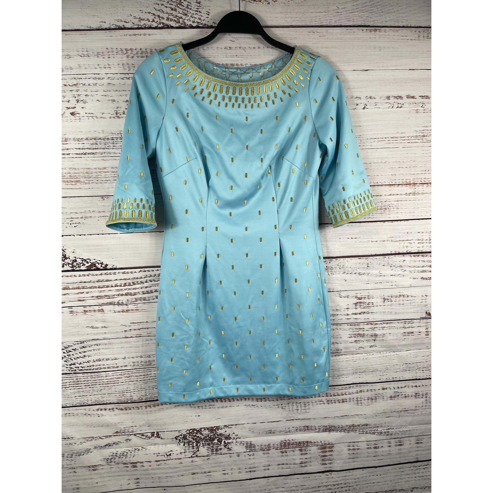 Gretchen Scott Dress Women’s Small Blue Polka Dot Embroidered Sheath 3/4 Sleeve