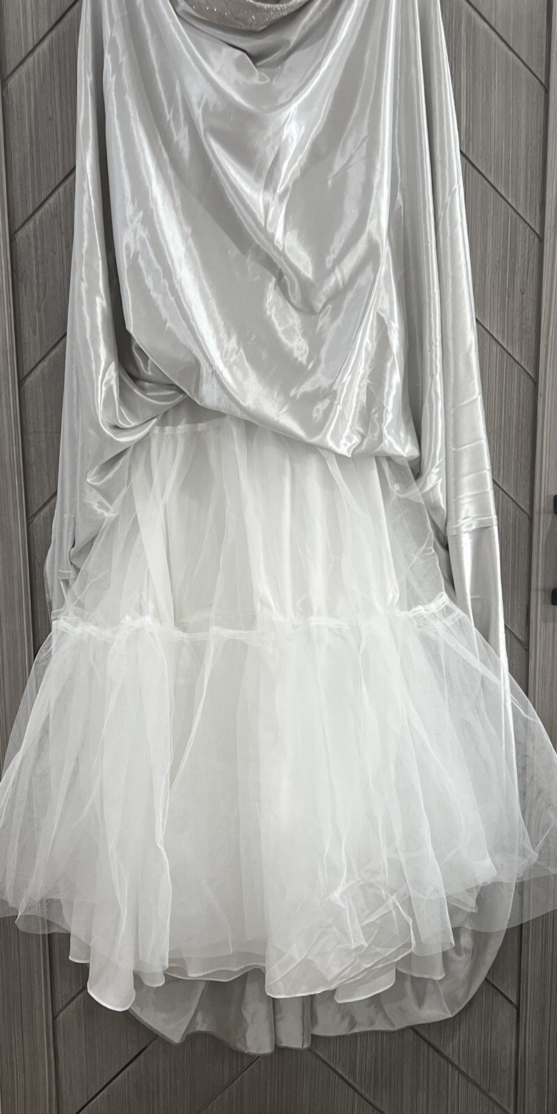 BETSY & ADAM Strapless Shimmer Champagne Silver Long Formal Prom Wedding Dress 6