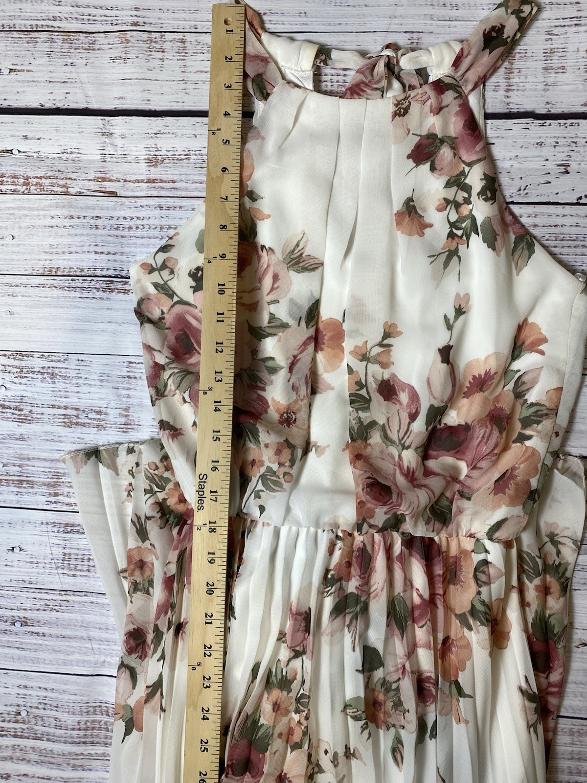 Premier Amour Size 2 Ivory Pink Floral Chiffon Halter Maxi Dress Pleated Bow