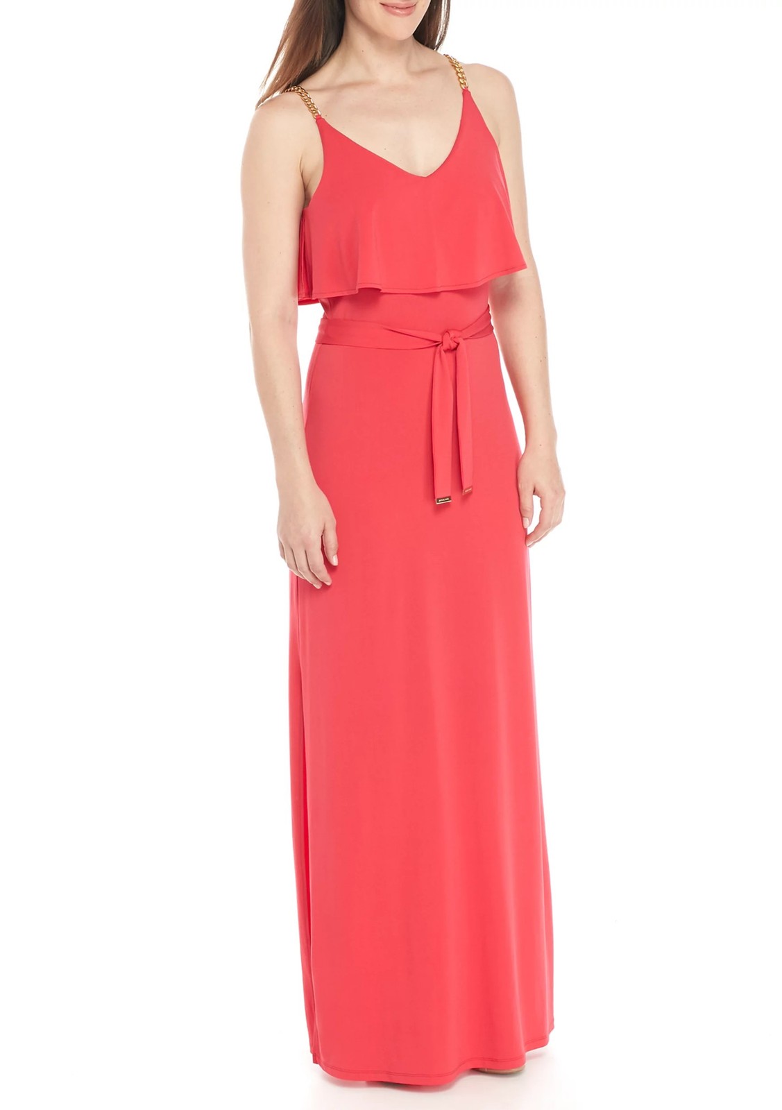 MICHAEL Michael Kors Gold Chain Straps Sleeveless Flutter Bodice Maxi Dress, XS