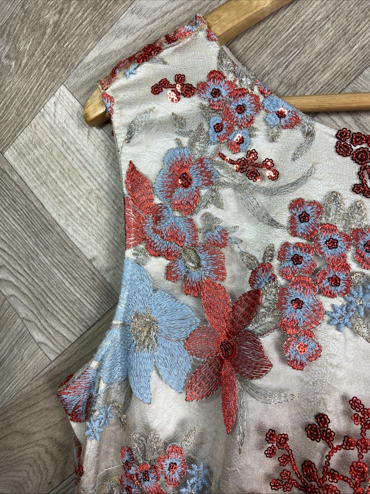Tahari by Arthur S Levine Flared Dress Blue/Red Floral Embroidery/Sequin Size 14