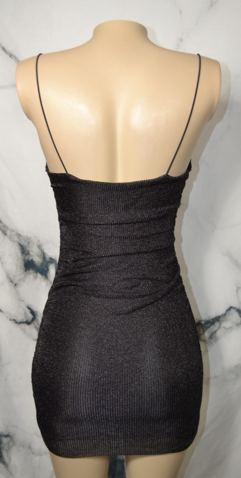 LUVALOT Shiny Black Mesh Spaghetti Strap Dress 4 Ruched Sides Draped Neckline