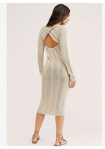 FREE PEOPLE FP BEACH Savannah Sweater Dress Midi Long-Slv rib knit MED Oatmeal