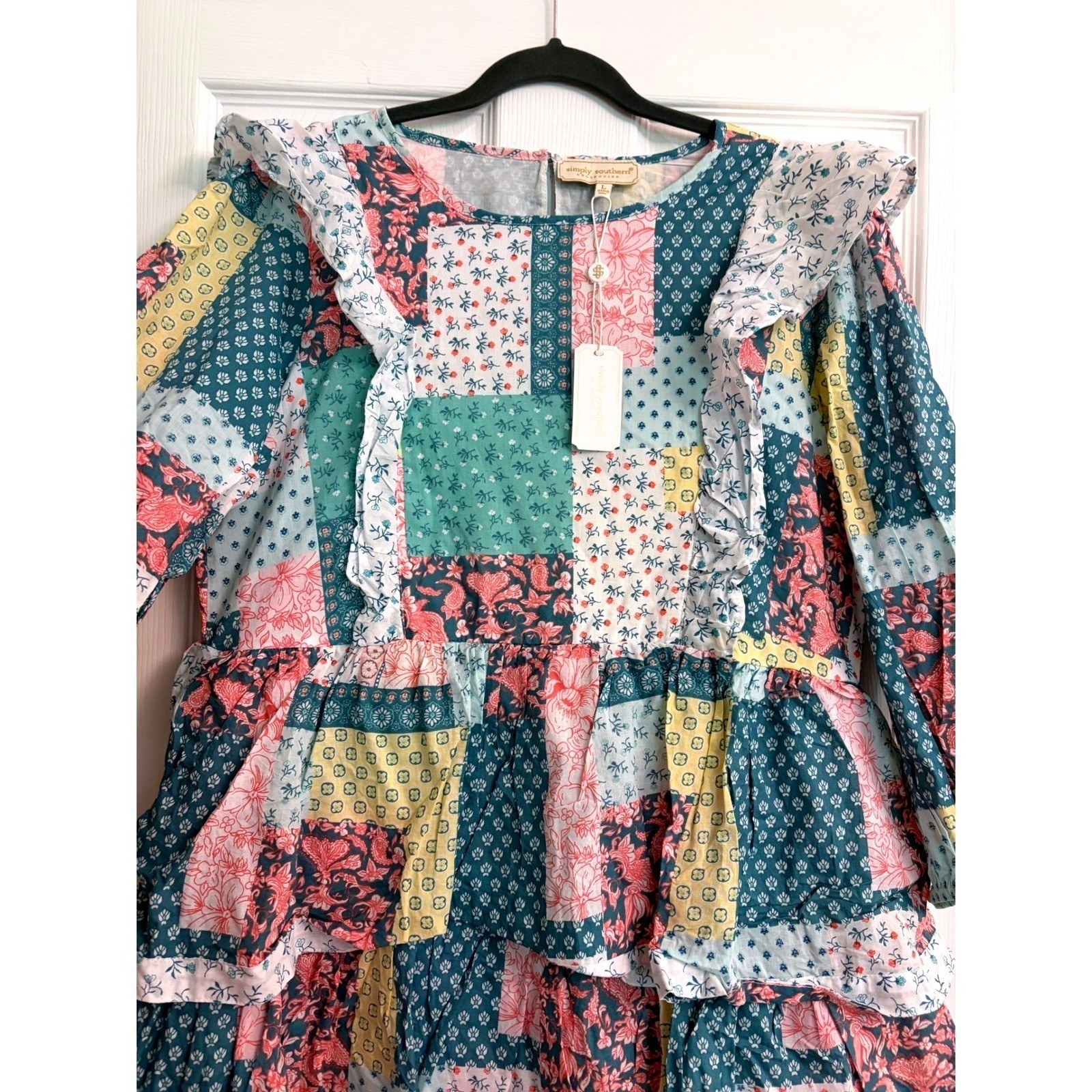 New Simply Southern Patchwork Tiered Maxi Dress Pink Teal Floral Large cottage