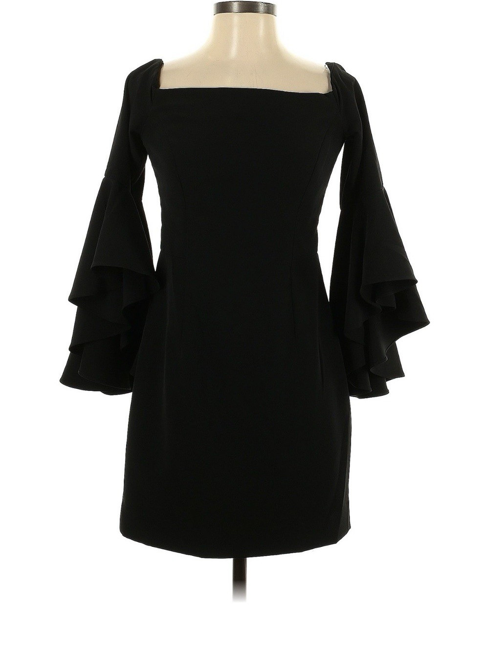 Milly Black Mini Dress 4 Square Neck Long Bell Sleeve Ruffle Woven Zip