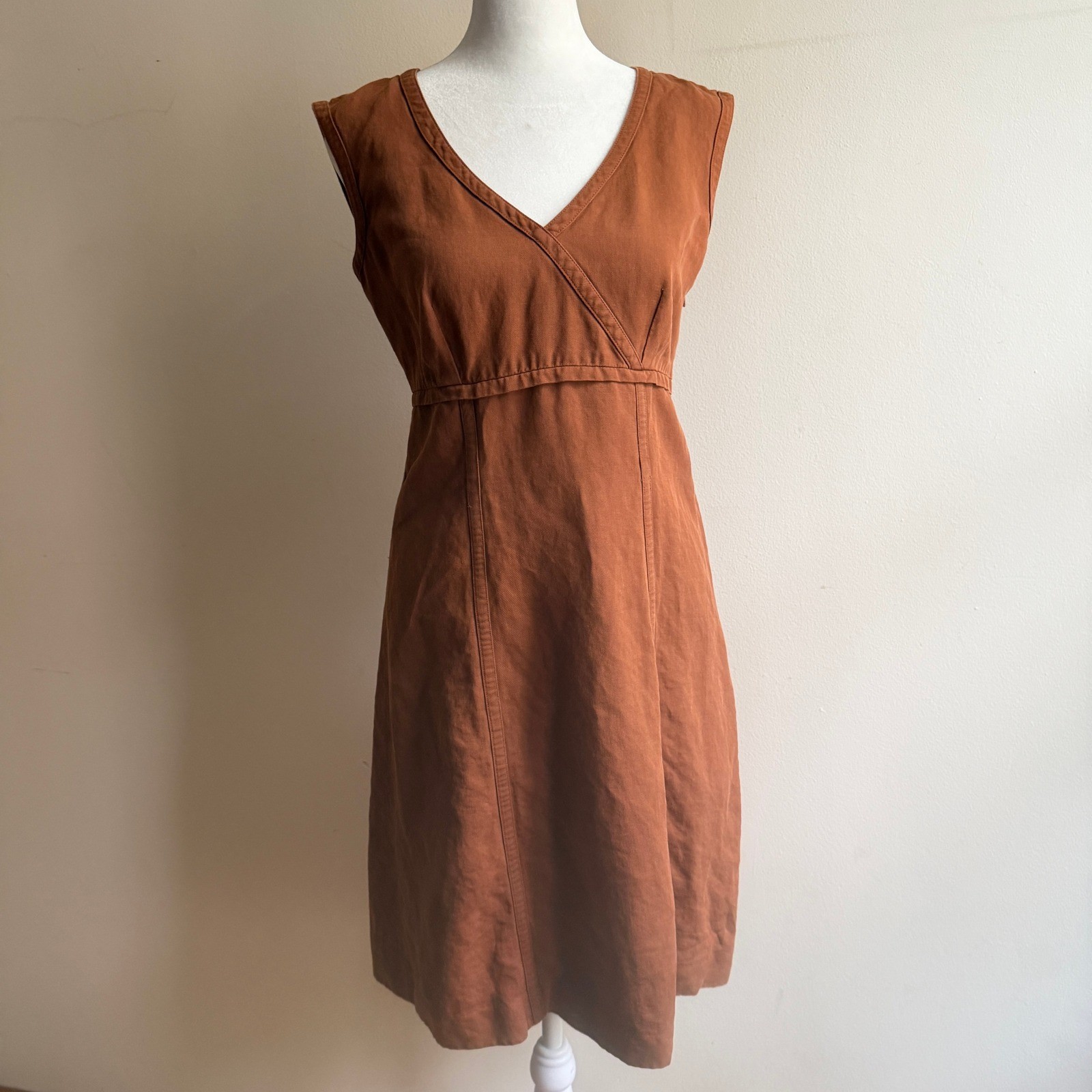 Vintage Linda Allard Ellen Tracy Linen Cotton Empire Waist Dress Brown 4P Good