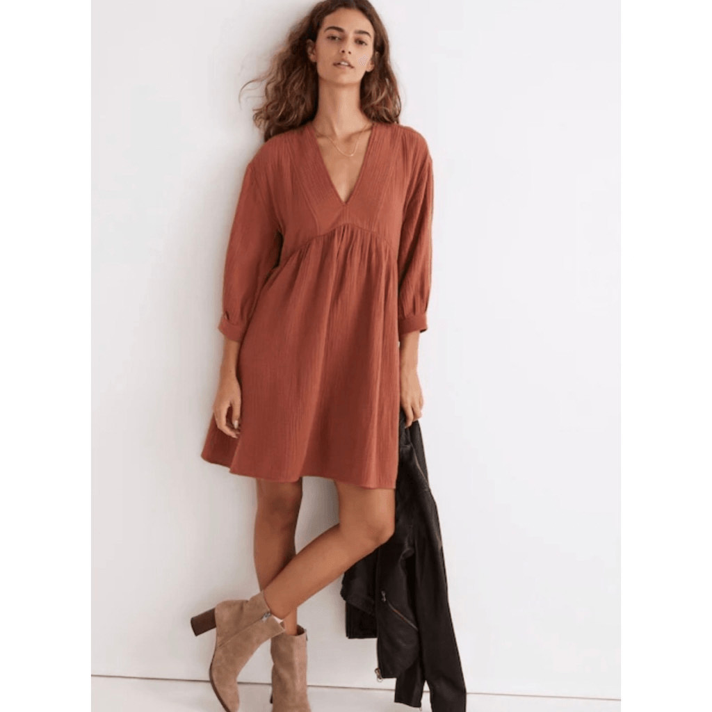 Madewell Lightspun V-Neck Mini Dress Large Weathered Brick Rust Cotton Gauze