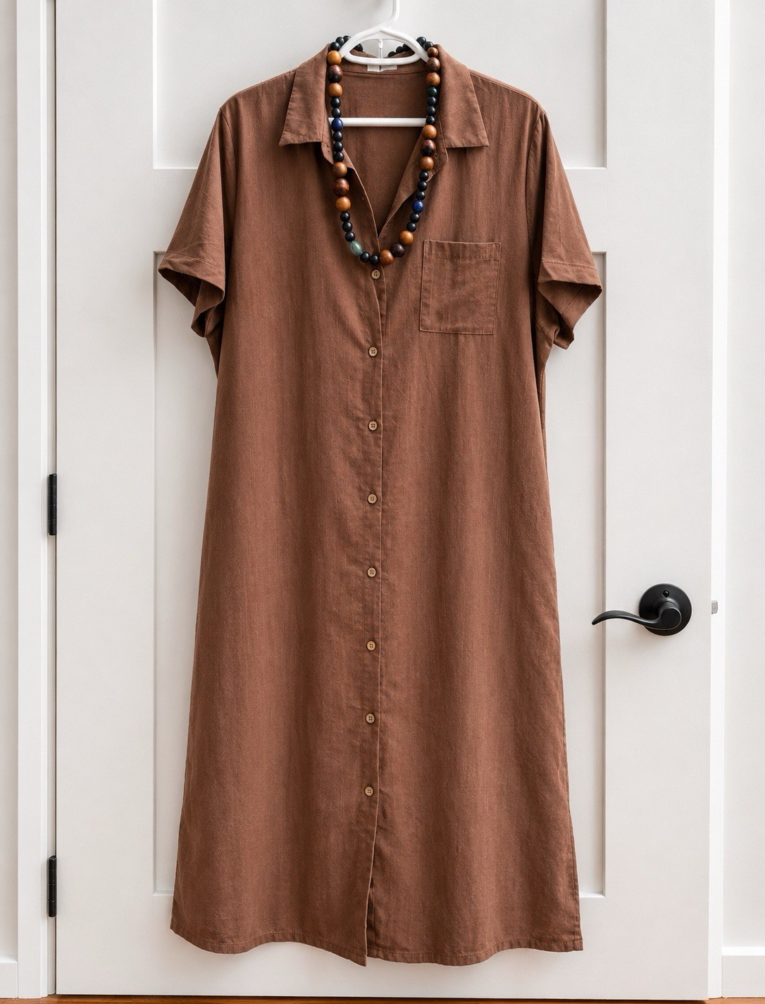 Venti6 Brown Linen Midi Shirt Dress Collared Short Sleeve Button Pockets L