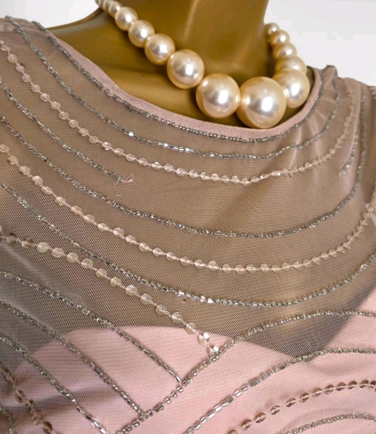 Monsoon Elizabeth Maxi floor length dress Dusky Pink Size 12 Sequin beads 20s