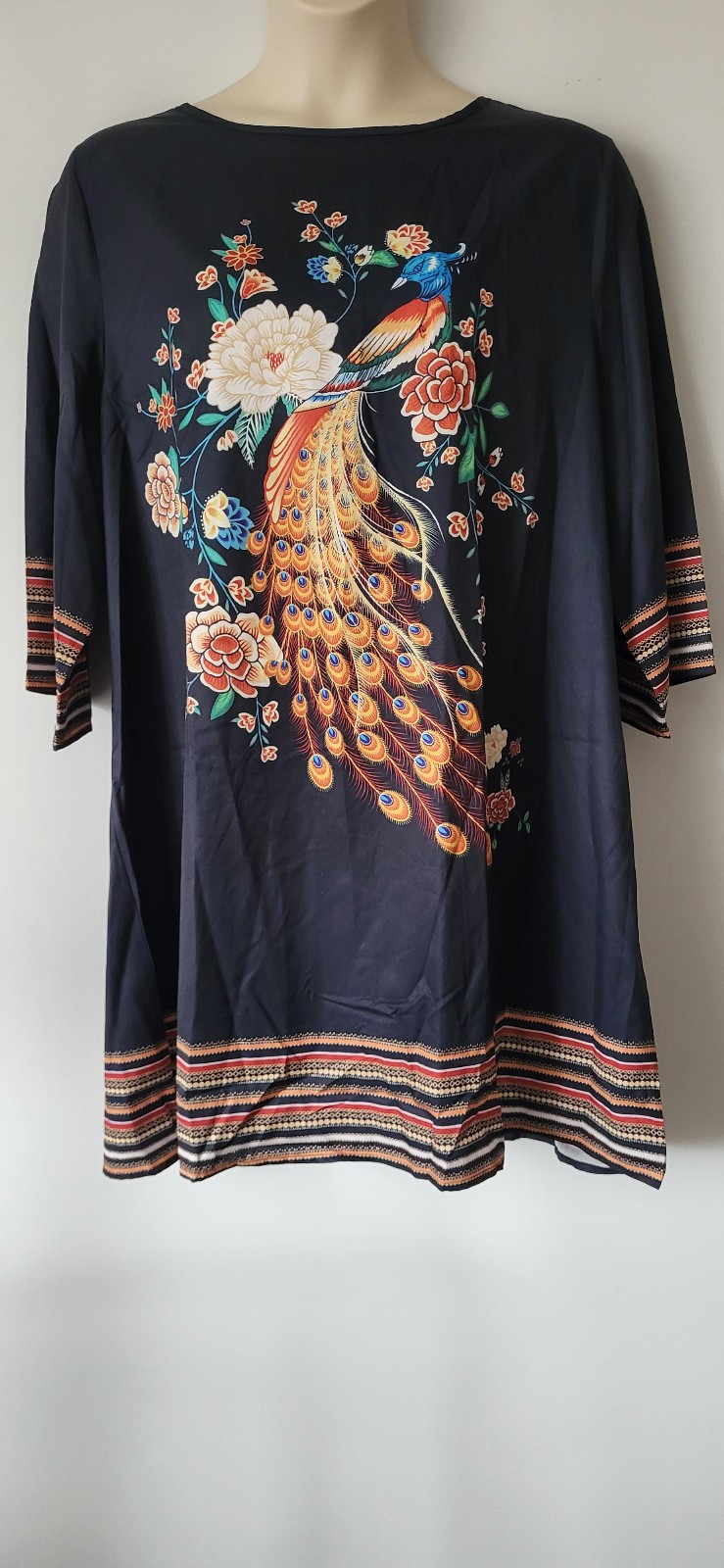 PLUS SIZE 22 NAVY FLORAL PEACOCK PRINT SHIFT DRESS NO STRETCH HALF SLEEVE