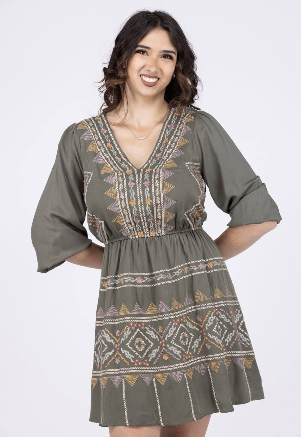 Savanna Jane Women’s Green Geometric V-Neck Embroidered A-Line Dress M