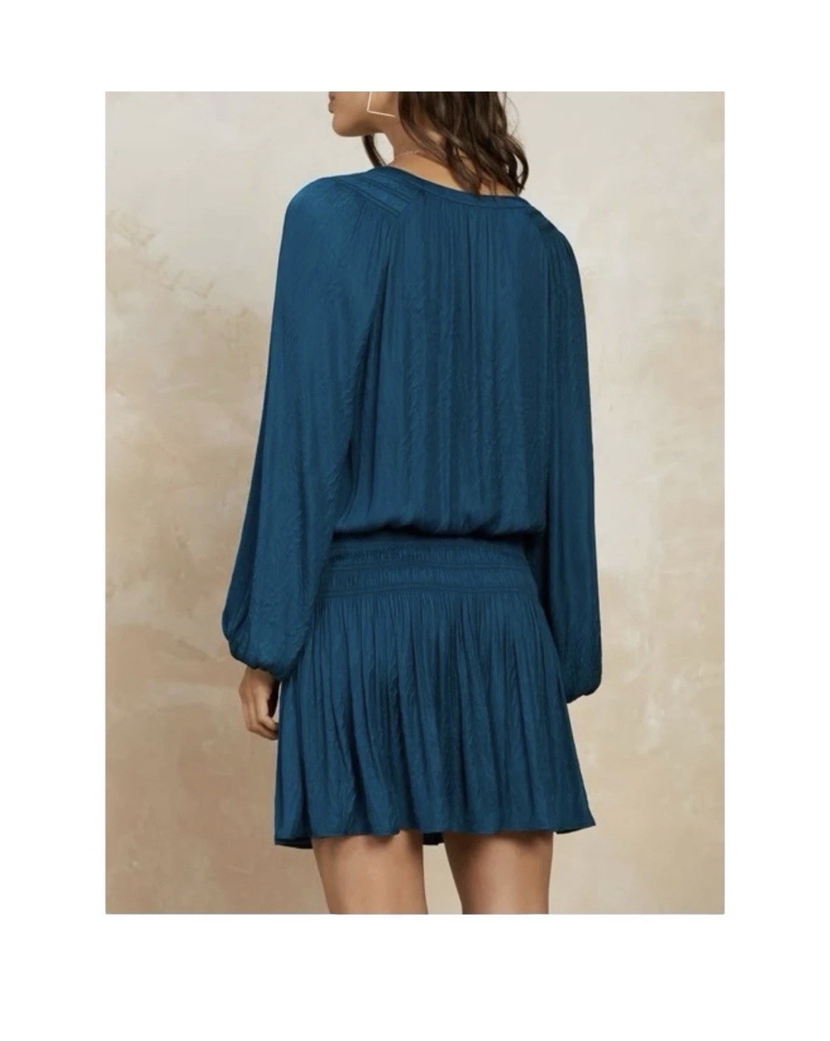 CURRENT AIR Anthropologie Long Sleeve Silky Crinkle Smocked Waist Dress Teal M