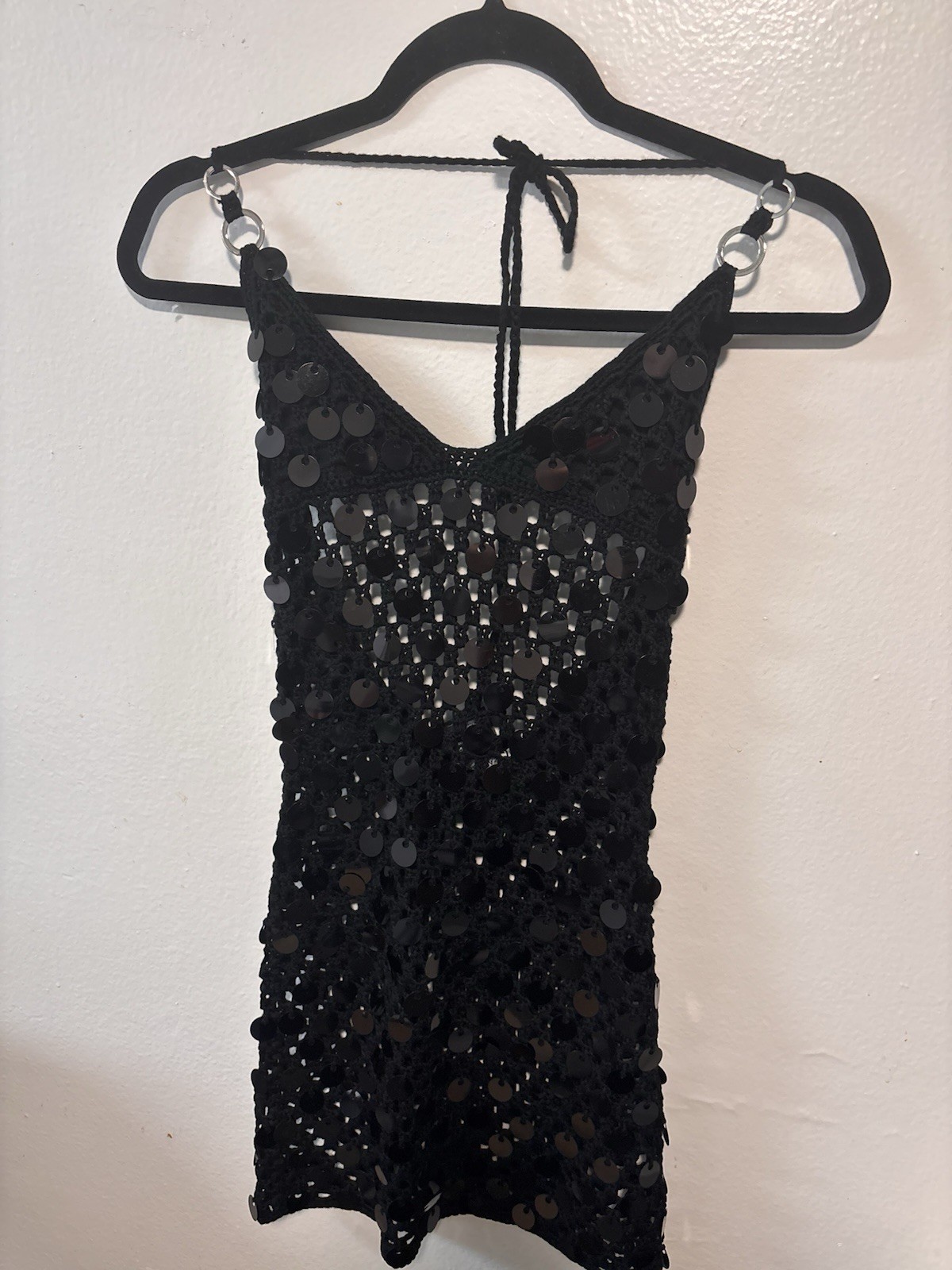 Freya Mini Dress Black Sequin Mesh Halter Bodycon Women’s NWT Size S