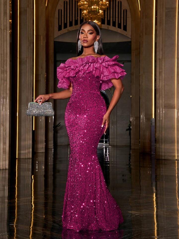 Layered Ruffle Trim Off Shoulder Sequin Mermaid Dress