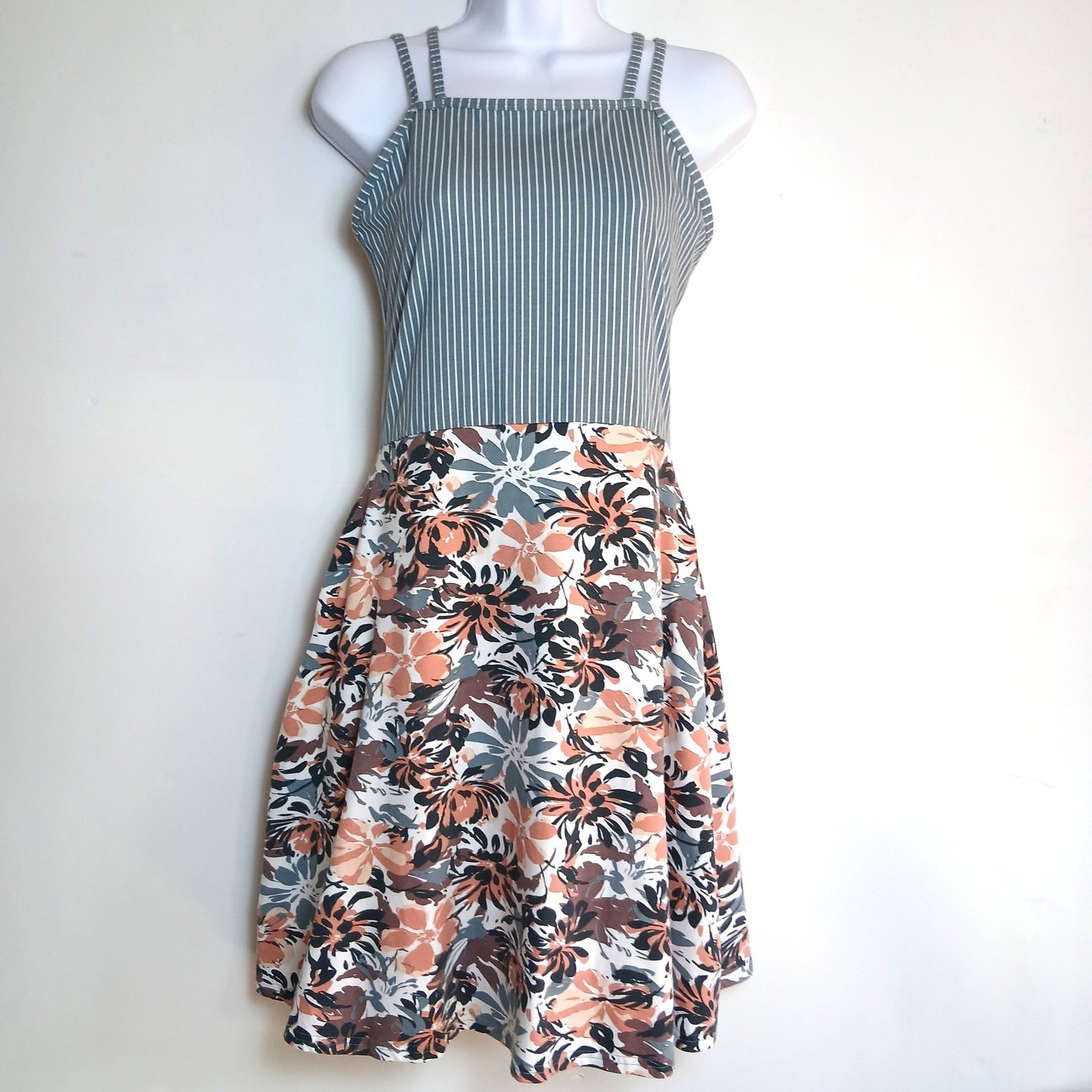 Pact Organic Cotton Floral Striped Fit Flare Dress Blue Peach M Pockets Casual